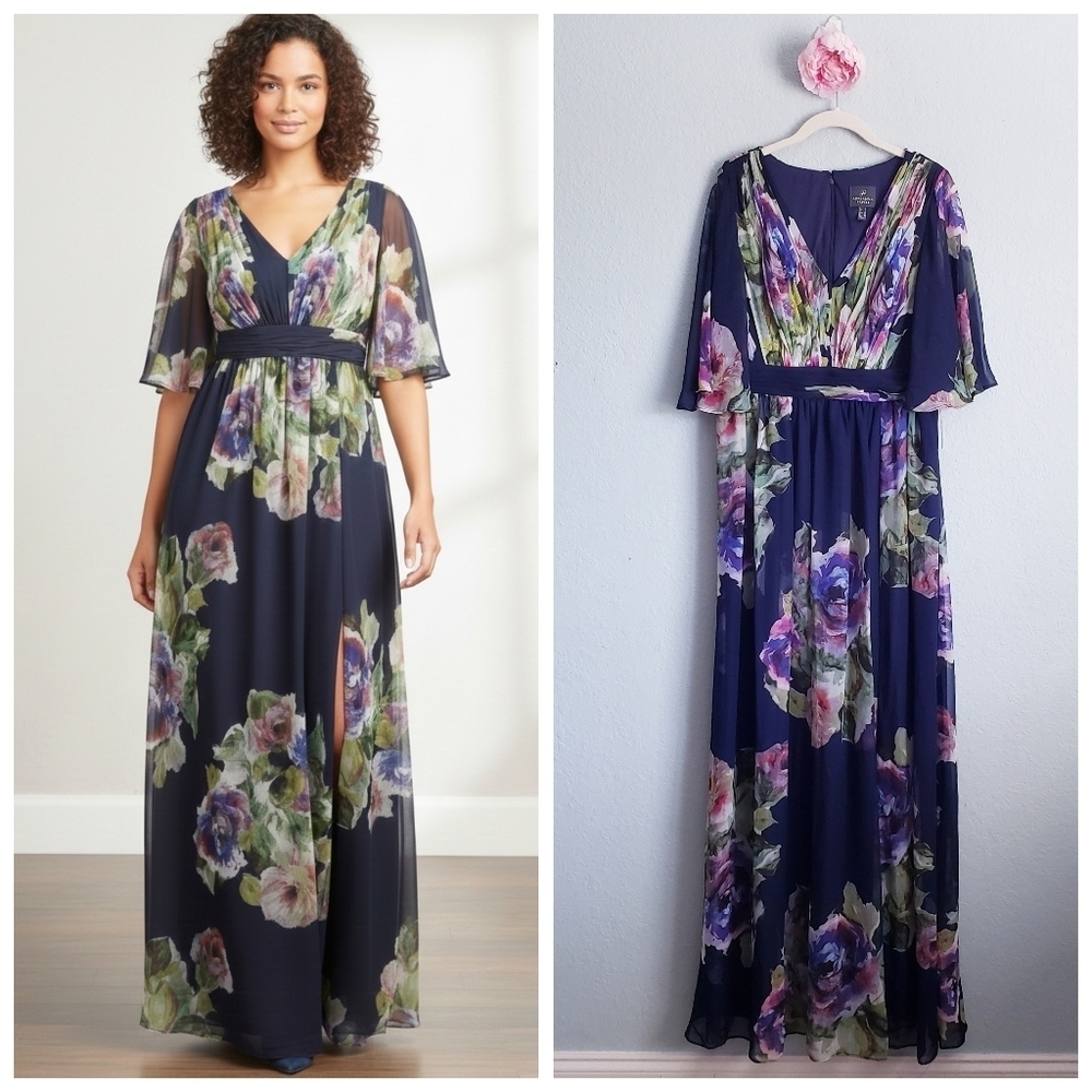 Adrianna Papell Navy Blue Floral Chiffon Ballgown